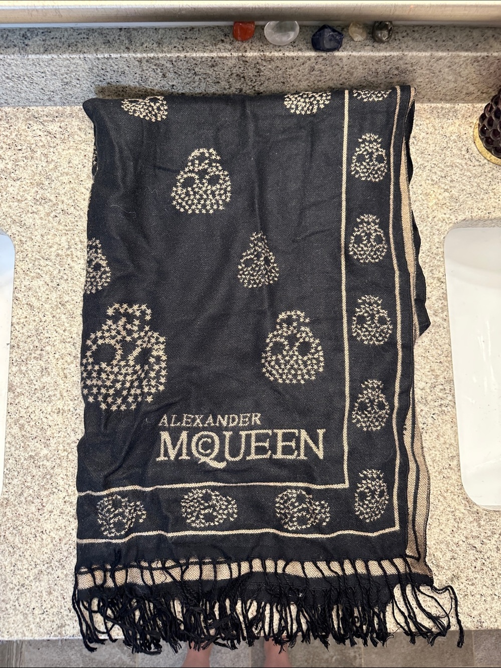 Authentic Alexander McQueen Black and Cream Skull Logo Fringe Scarf